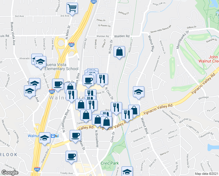 map of restaurants, bars, coffee shops, grocery stores, and more near in Walnut Creek