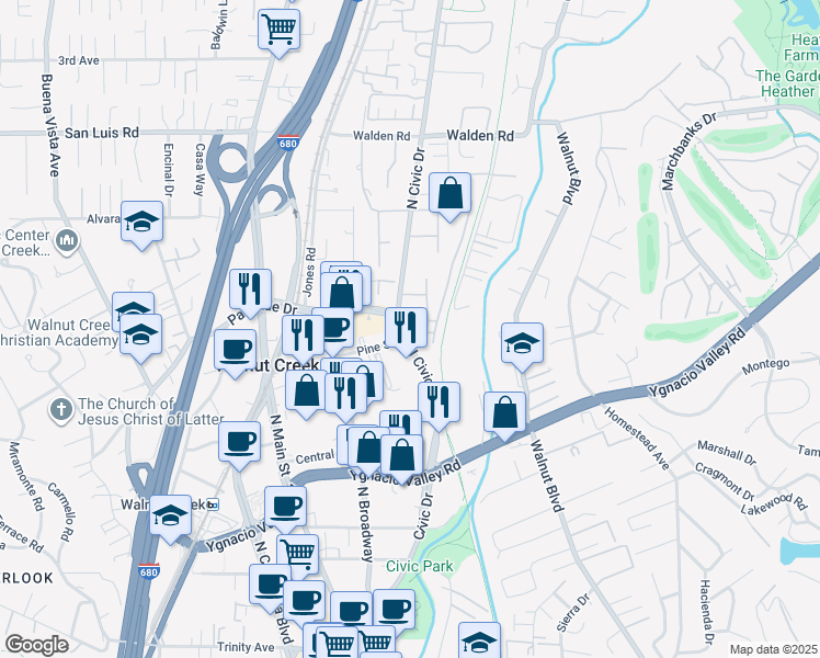 map of restaurants, bars, coffee shops, grocery stores, and more near in Walnut Creek