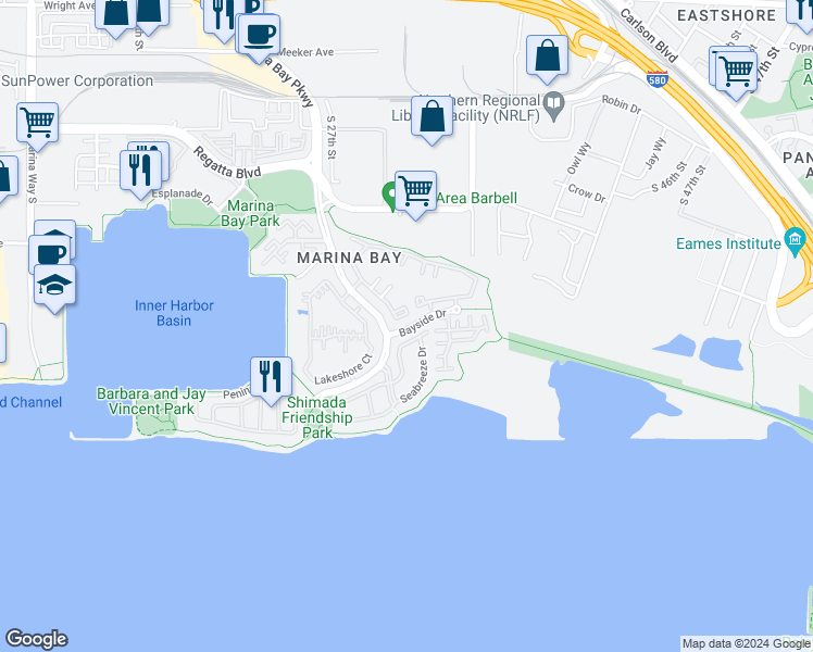 map of restaurants, bars, coffee shops, grocery stores, and more near 118 Marina Lakes Drive in Richmond