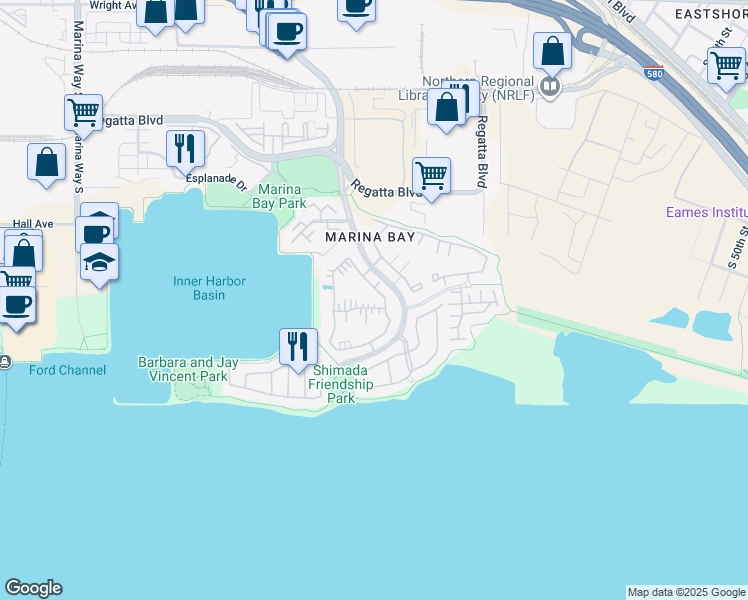 map of restaurants, bars, coffee shops, grocery stores, and more near 64 Shoreline Court in Richmond