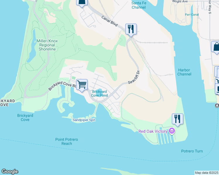 map of restaurants, bars, coffee shops, grocery stores, and more near 310 Seaview Drive in Richmond