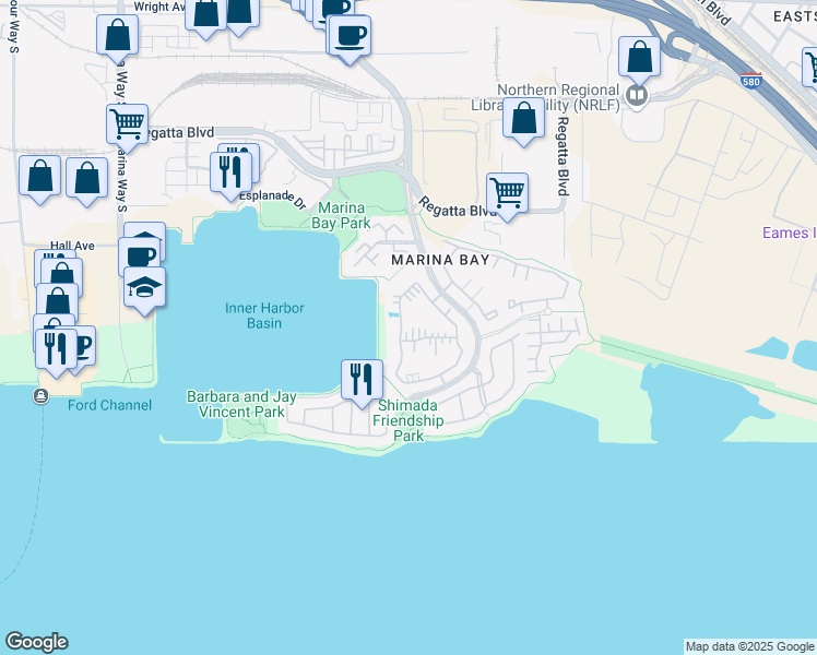 map of restaurants, bars, coffee shops, grocery stores, and more near 112 Shoreline Court in Richmond