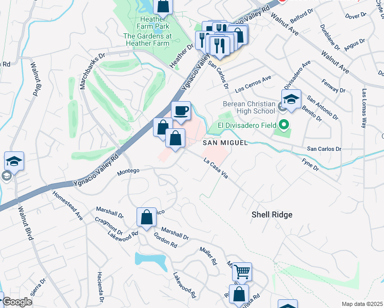 map of restaurants, bars, coffee shops, grocery stores, and more near 180 La Casa Via in Walnut Creek