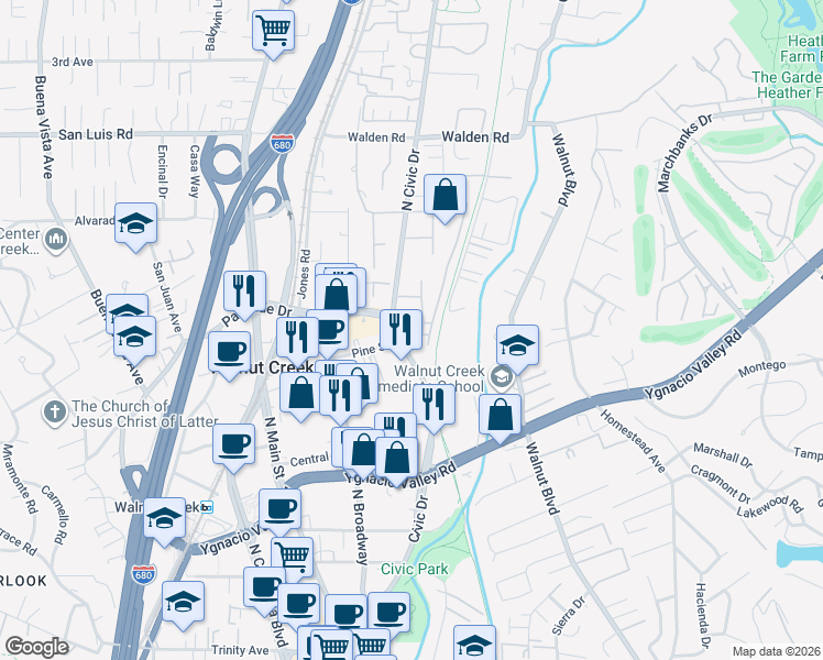 map of restaurants, bars, coffee shops, grocery stores, and more near 310 North Civic Drive in Walnut Creek
