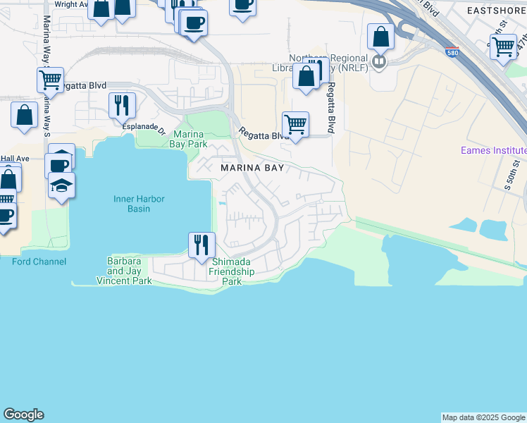 map of restaurants, bars, coffee shops, grocery stores, and more near 183 Lakeshore Court in Richmond