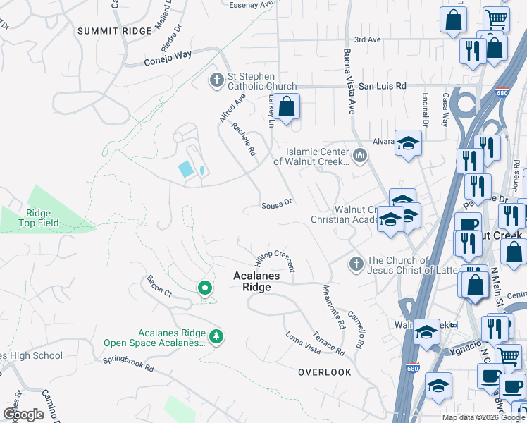 map of restaurants, bars, coffee shops, grocery stores, and more near 961 Sousa Drive in Walnut Creek