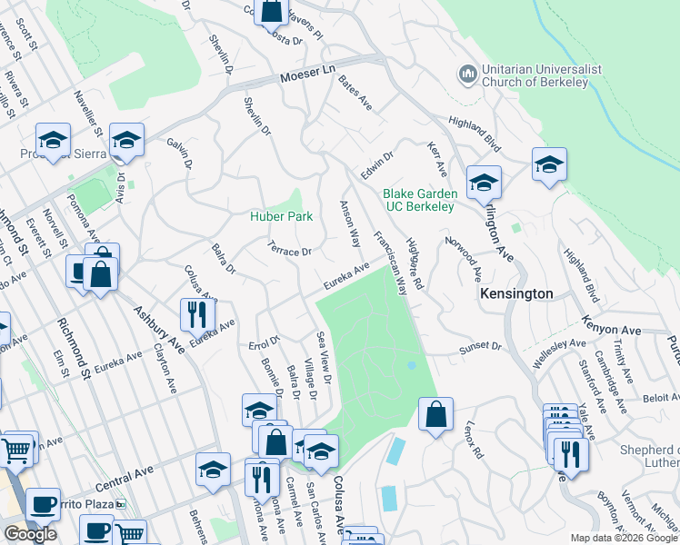 map of restaurants, bars, coffee shops, grocery stores, and more near 7839 Eureka Avenue in El Cerrito
