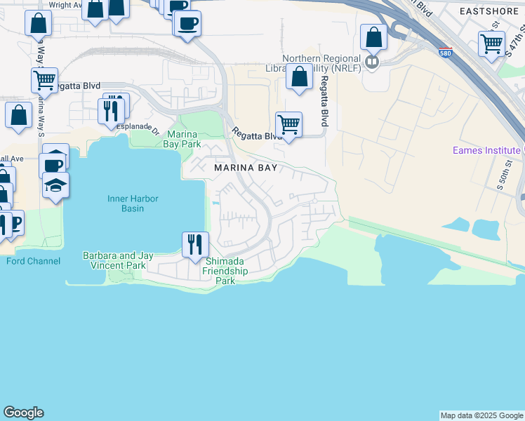 map of restaurants, bars, coffee shops, grocery stores, and more near 44 Shoreline Court in Richmond