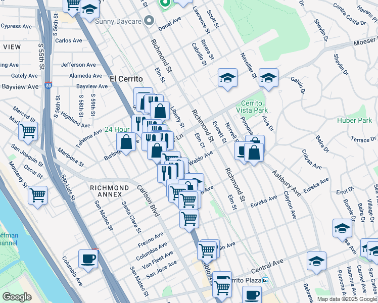 map of restaurants, bars, coffee shops, grocery stores, and more near 917 Liberty Street in El Cerrito