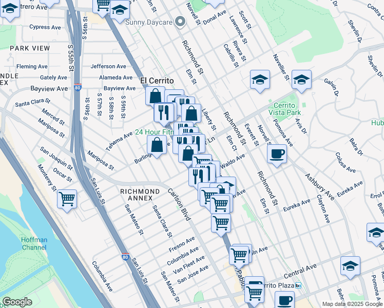 map of restaurants, bars, coffee shops, grocery stores, and more near 945 Kearney Street in El Cerrito
