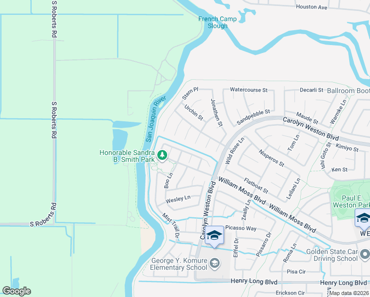 map of restaurants, bars, coffee shops, grocery stores, and more near 3911 Boo Lane in Stockton