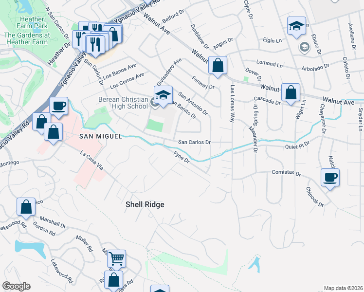 map of restaurants, bars, coffee shops, grocery stores, and more near 2818 Fyne Drive in Walnut Creek