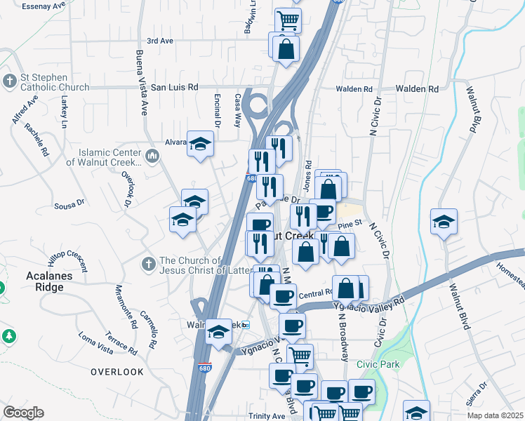 map of restaurants, bars, coffee shops, grocery stores, and more near 1600 Riviera Avenue in Walnut Creek