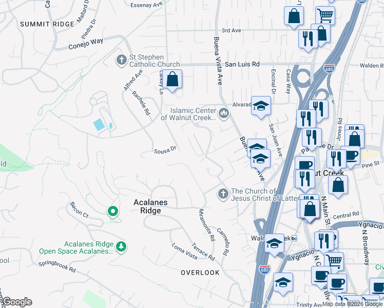map of restaurants, bars, coffee shops, grocery stores, and more near 125 Montanya Court in Walnut Creek