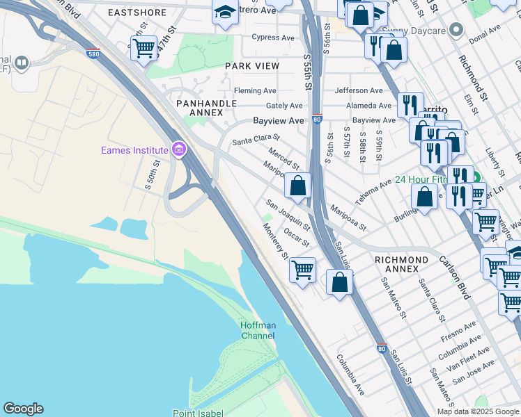 map of restaurants, bars, coffee shops, grocery stores, and more near 1406 Monterey Street in Richmond