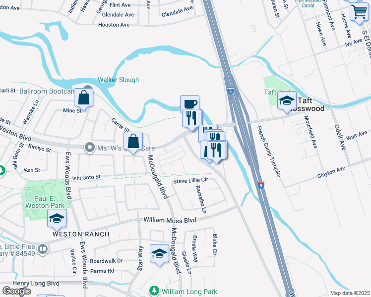 map of restaurants, bars, coffee shops, grocery stores, and more near 679 Queensland Circle in Stockton