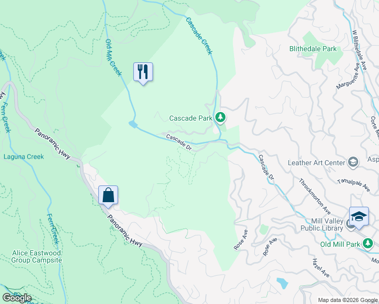 map of restaurants, bars, coffee shops, grocery stores, and more near 481 Cascade Drive in Mill Valley