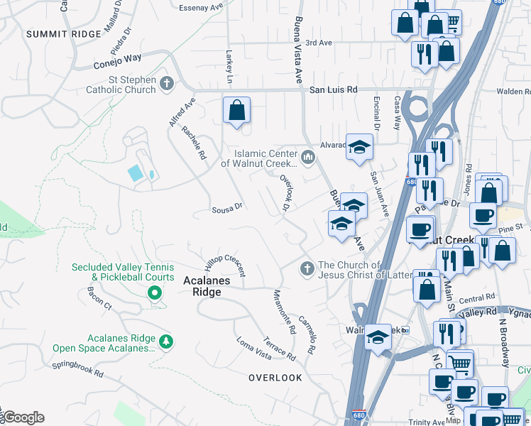 map of restaurants, bars, coffee shops, grocery stores, and more near 125 Montanya Court in Walnut Creek