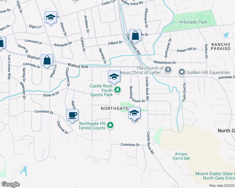 map of restaurants, bars, coffee shops, grocery stores, and more near 870 Hutchinson Road in Walnut Creek