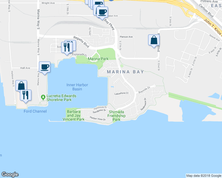 map of restaurants, bars, coffee shops, grocery stores, and more near 130 Shoreline Court in Richmond