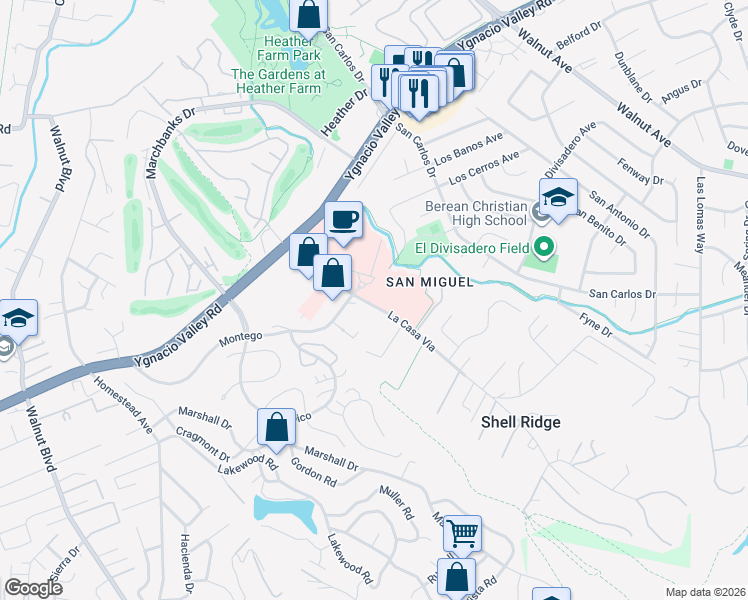 map of restaurants, bars, coffee shops, grocery stores, and more near 177 La Casa Via in Walnut Creek