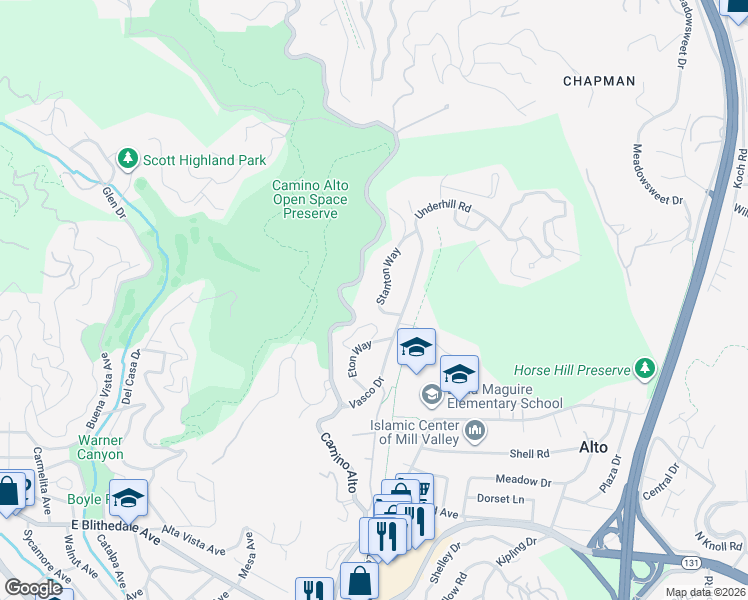 map of restaurants, bars, coffee shops, grocery stores, and more near 1 Stanton Way in Mill Valley
