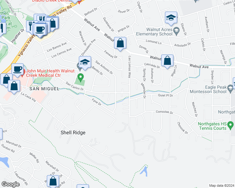 map of restaurants, bars, coffee shops, grocery stores, and more near 2905 San Carlos Drive in Walnut Creek