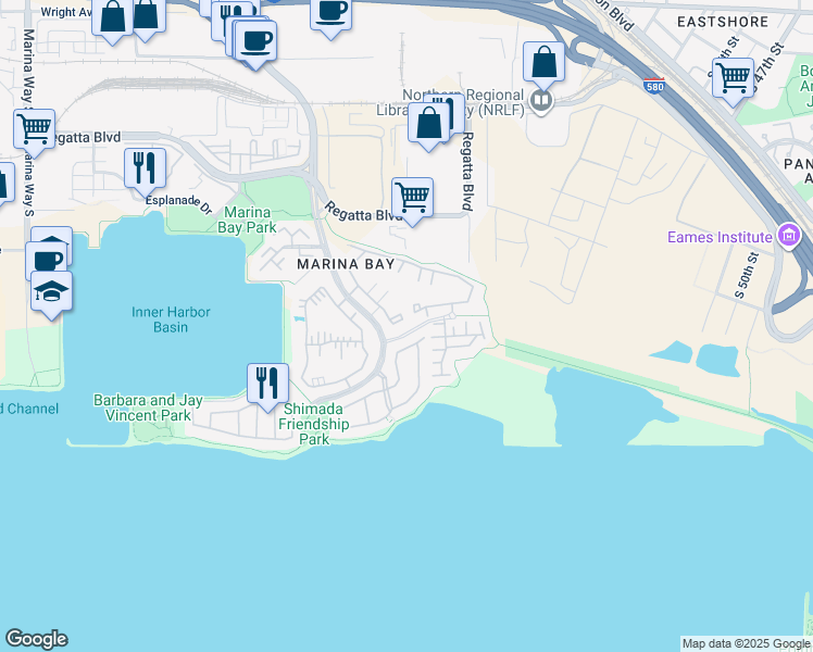 map of restaurants, bars, coffee shops, grocery stores, and more near 104 Marina Lakes Drive in Richmond