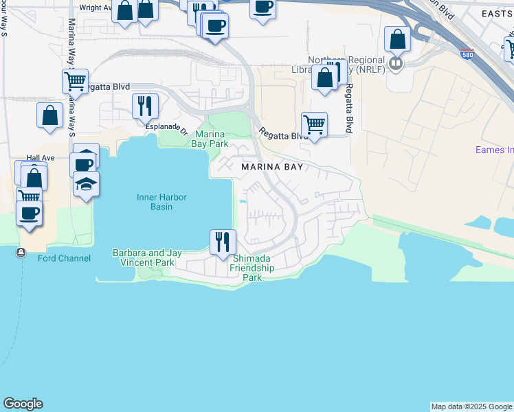 map of restaurants, bars, coffee shops, grocery stores, and more near 112 Shoreline Court in Richmond