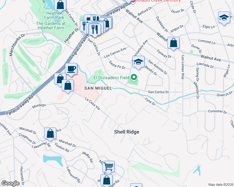 map of restaurants, bars, coffee shops, grocery stores, and more near 1646 Sorrel Drive in Walnut Creek