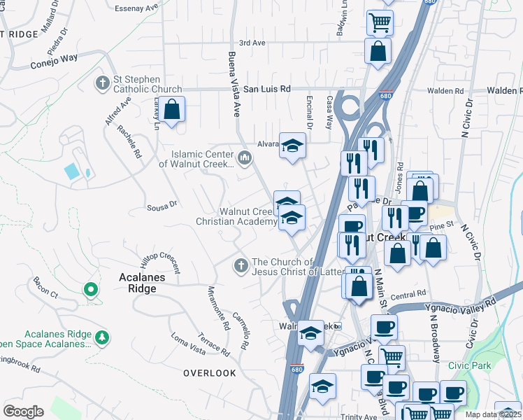 map of restaurants, bars, coffee shops, grocery stores, and more near 121 School Lane in Walnut Creek