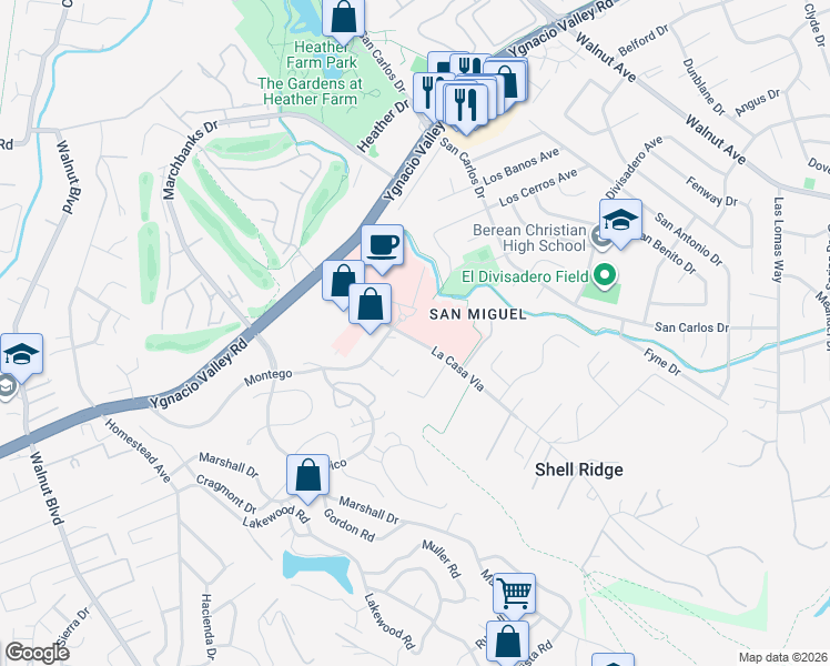 map of restaurants, bars, coffee shops, grocery stores, and more near 177 La Casa Via in Walnut Creek