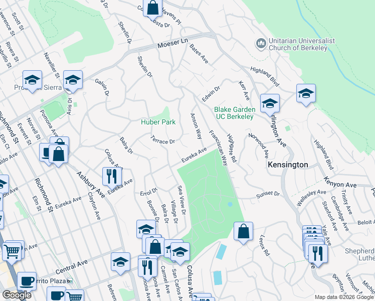 map of restaurants, bars, coffee shops, grocery stores, and more near 7827 Eureka Avenue in El Cerrito
