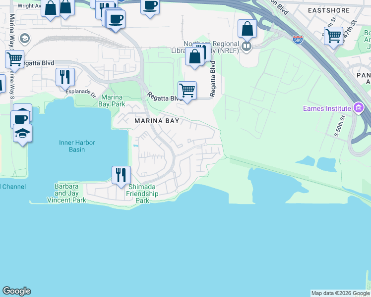 map of restaurants, bars, coffee shops, grocery stores, and more near 98 Marina Lakes Drive in Richmond