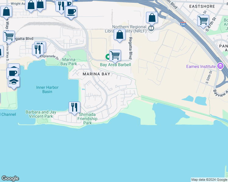 map of restaurants, bars, coffee shops, grocery stores, and more near 99 Marina Lakes Drive in Richmond