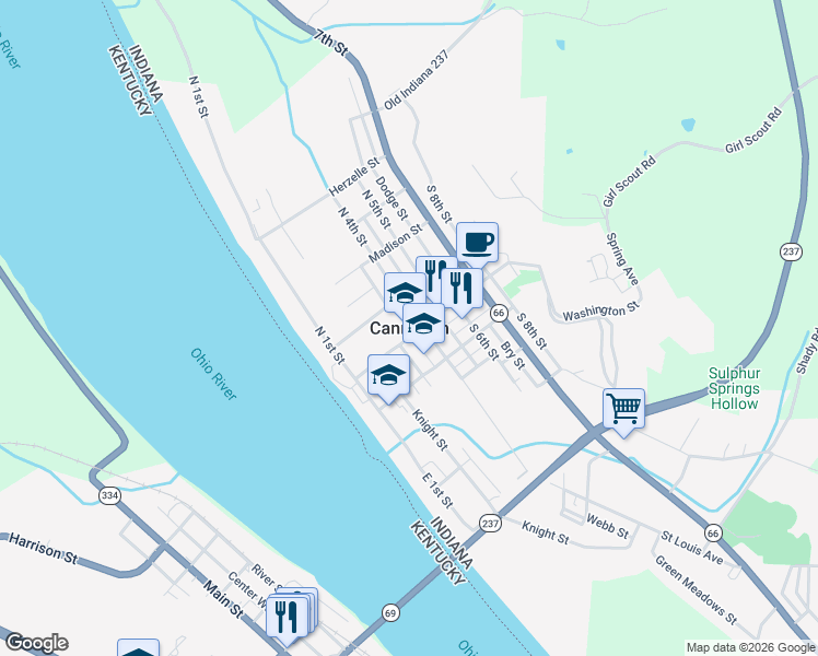 map of restaurants, bars, coffee shops, grocery stores, and more near in Cannelton