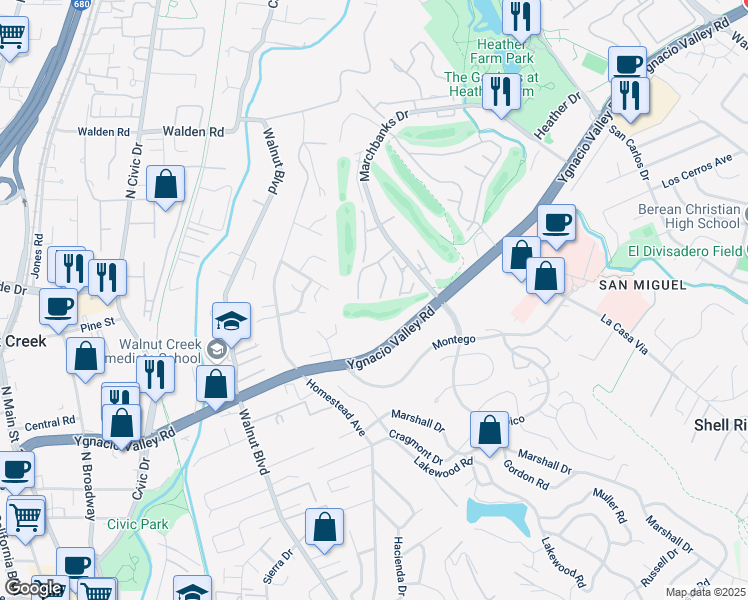 map of restaurants, bars, coffee shops, grocery stores, and more near 341 Masters Court in Walnut Creek