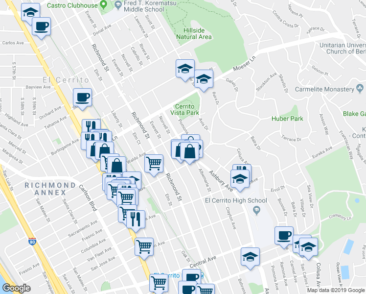 map of restaurants, bars, coffee shops, grocery stores, and more near 827 Norvell Street in El Cerrito