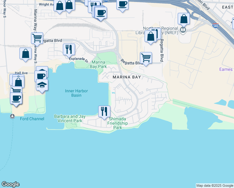 map of restaurants, bars, coffee shops, grocery stores, and more near 112 Shoreline Court in Richmond