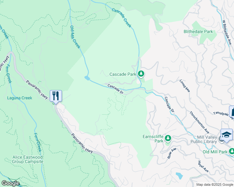 map of restaurants, bars, coffee shops, grocery stores, and more near 481 Cascade Drive in Mill Valley