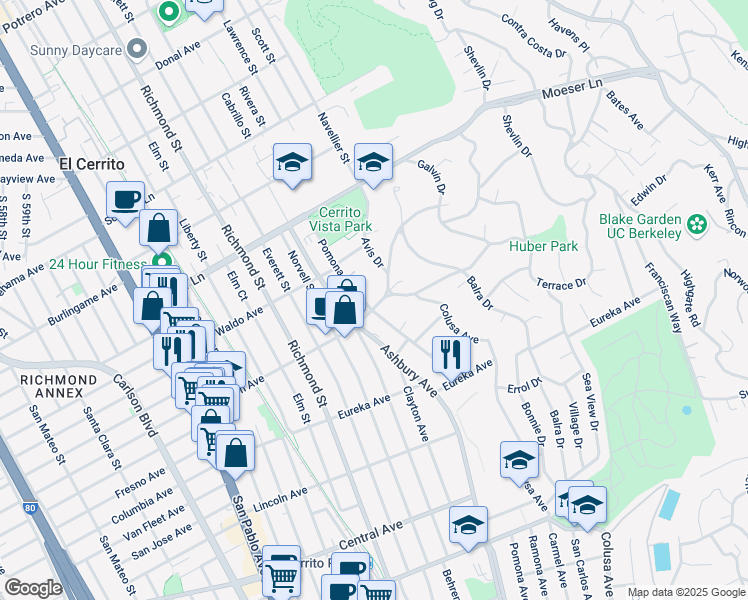 map of restaurants, bars, coffee shops, grocery stores, and more near 7315 Stockton Avenue in El Cerrito