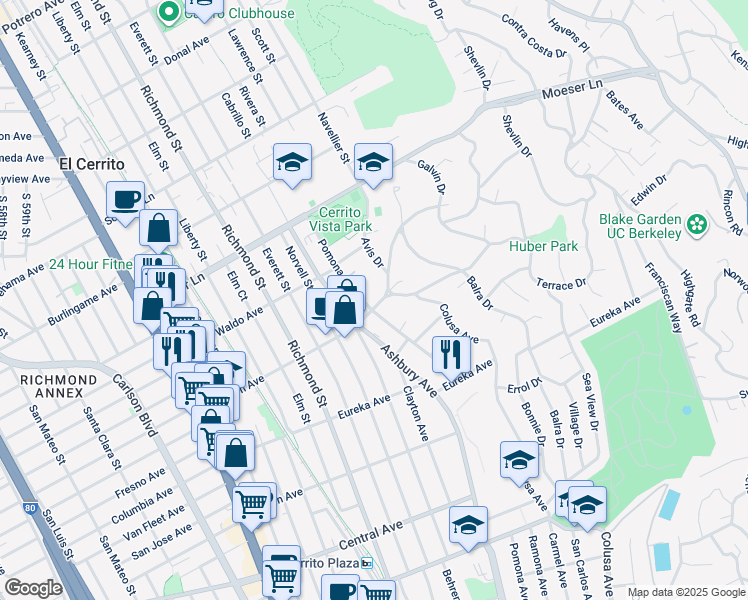 map of restaurants, bars, coffee shops, grocery stores, and more near 7315 Stockton Avenue in El Cerrito
