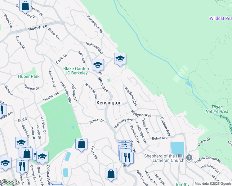 map of restaurants, bars, coffee shops, grocery stores, and more near in Kensington