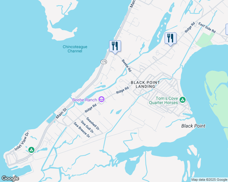 map of restaurants, bars, coffee shops, grocery stores, and more near 3134 Ridge Road in Chincoteague