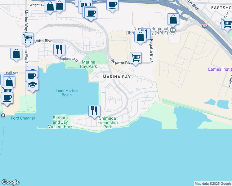 map of restaurants, bars, coffee shops, grocery stores, and more near 15 Shoreline Court in Richmond