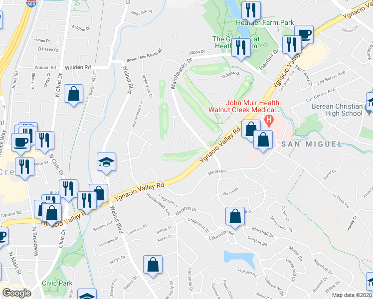 map of restaurants, bars, coffee shops, grocery stores, and more near 341 Masters Court in Walnut Creek