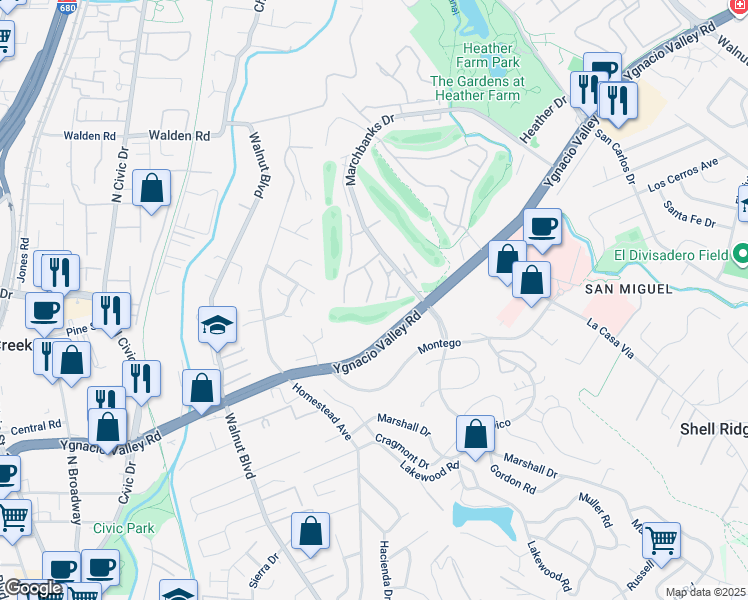 map of restaurants, bars, coffee shops, grocery stores, and more near 341 Masters Court in Walnut Creek