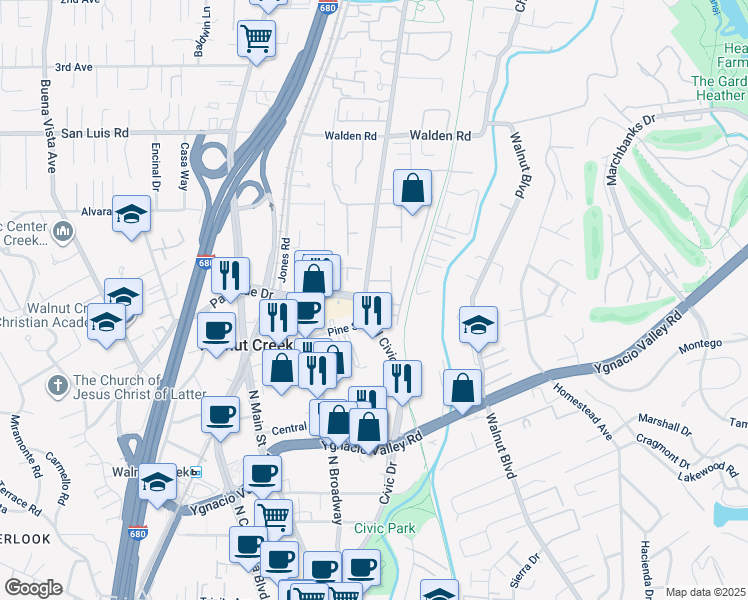 map of restaurants, bars, coffee shops, grocery stores, and more near 320 North Civic Drive in Walnut Creek