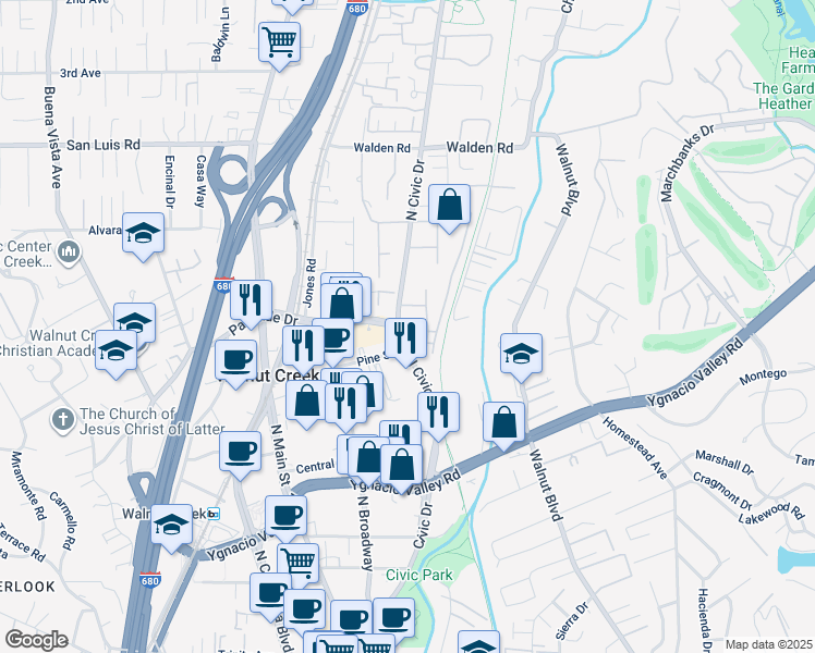 map of restaurants, bars, coffee shops, grocery stores, and more near 320 North Civic Drive in Walnut Creek