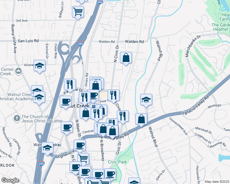 map of restaurants, bars, coffee shops, grocery stores, and more near 310 North Civic Drive in Walnut Creek